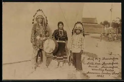 AK Chief M. G. Thunderface with Little Heap Thunderface, Isabel Thunderface, Wembley Rodeo, American Cowboy Show 1925