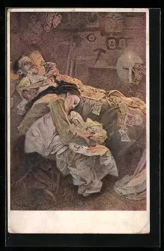 Künstler-AK Alphonse Mucha: Mutter und Kind schlafen am Totenbett des Mannes, Heureux ceux qui sont dans l`affliction