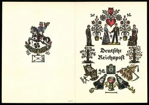 Telegramm Deutsche Reichspost, 1938, farbenfrohe Illustrationen mit Brautpaar und Postreiter auf der Aussenseite