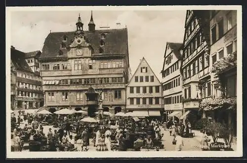 AK Tübingen, Marktplatz, Marktstände, Brunnen, Glas- und Porzellangeschäft, Apotheke