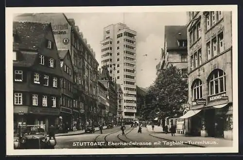 AK Stuttgart, Eberhardstrasse mit Tagblatt-Turmhaus, Automobile