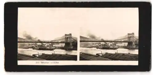 Stereo-Fotografie unbekannter Fotograf, Ansicht Tetschen / Elbe, Raddampfer unter der Brücke