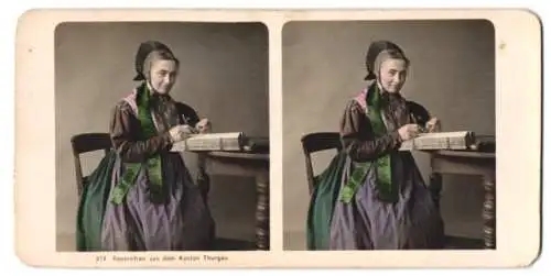 Stereo-Fotografie Wehrli AG, Kilchberg-Zürich, Bauernfrau in Tracht aus dem Kanton Thurgau