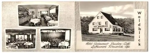 Klapp-AK Kreuznick / Eifel, Hotel-Restaurant Waldblick v. Friedrich Holzhauer, mit Innenansichten