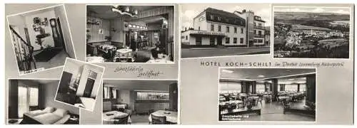 Klapp-AK Irrel, Hotel Kochel-Schilt mit Gesellschafts-und Speiseräumen, Hoteleingang und Weinkeller, Prümzurlayerstrasse