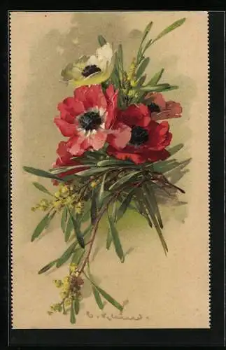 Künstler-AK Catharina Klein: Bouquet aus roten und weissen Anemonen