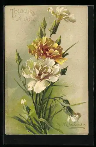 Künstler-AK Catharina Klein: Nelken in Weiss und Gelb vor grünem Hintergrund