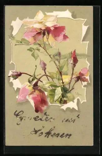 Künstler-AK Catharina Klein: Rosenzweig mit rosa-weissen Blüten