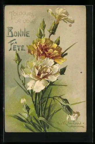 Künstler-AK Catharina Klein: Weisse und gelbe Nelken in voller Blüte