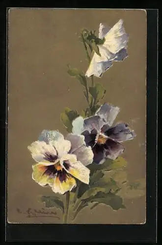 Künstler-AK Catharina Klein: Blühende Stiefmütterchen in zarten Pastellfarben