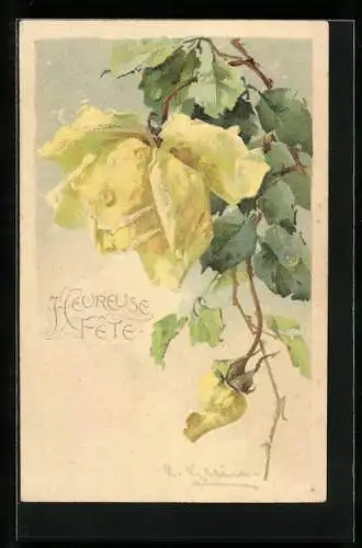 Künstler-AK Catharina Klein: Gelbe Rosenblüten mit Blättern und Zweigen