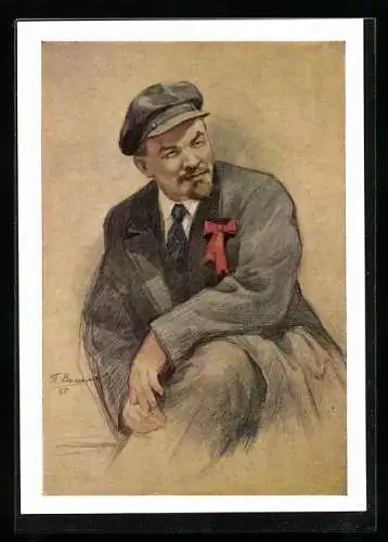 Künstler-AK Lenin im Anzug mit roter Schleife