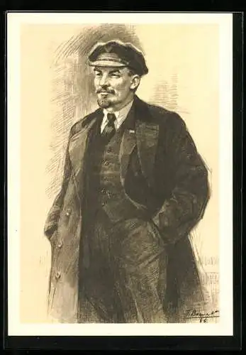 Künstler-AK Wladimir Iljitsch Lenin im Anzug mit Mantel und Schirmmütze