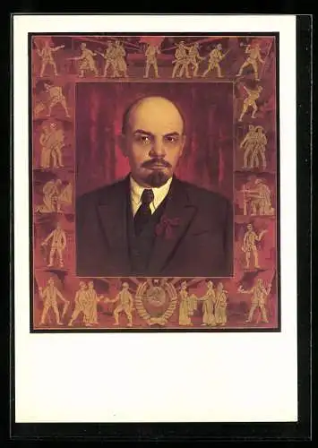 Künstler-AK Wladimir Iljitsch Lenin im Anzug mit Krawatte, Passepartout mit Soldaten und Arbeitern