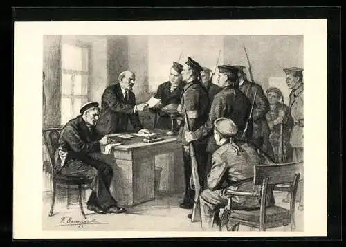 Künstler-AK Wladimir Iljitsch Lenin gibt Revolutionären Anweisungen