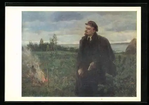 Künstler-AK Wladimir Iljitsch Lenin hockt an einem Lagerfeuer