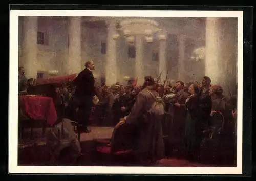 Künstler-AK Wladimir Iljitsch Lenin hält eine Rede in einer grossen Halle