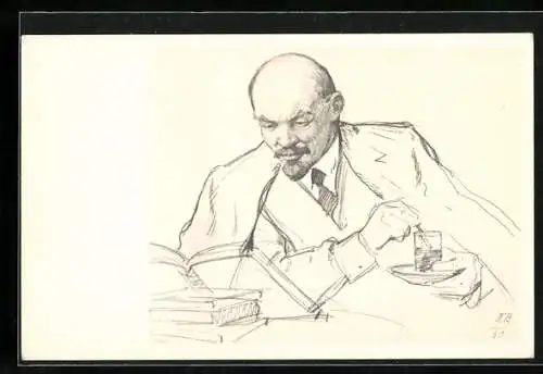 AK Lenin mit Buch und Tee am Tisch