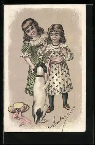 Lithographie 2 kleine Mädchen mit Terrier