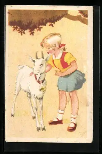 AK Ziege wird von einem Mädchen gestreichelt