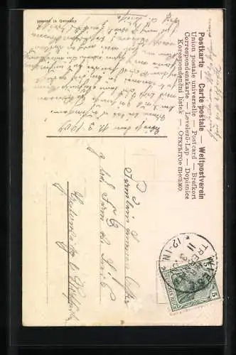 AK Neujahr, Rotkehlchen mit einem Strauss Vergissmeinnicht