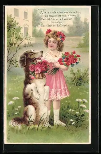 AK Fräulein und grosser Hund mit Blumenkorb