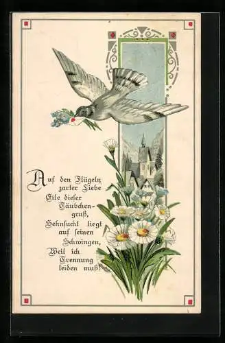 AK Taube mit Brief und Vergissmeinnicht im Schnabel, Ortsansicht, Kurzes Gedicht, Blumen