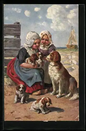 AK Holländische Mädchen mit Hundewelpen