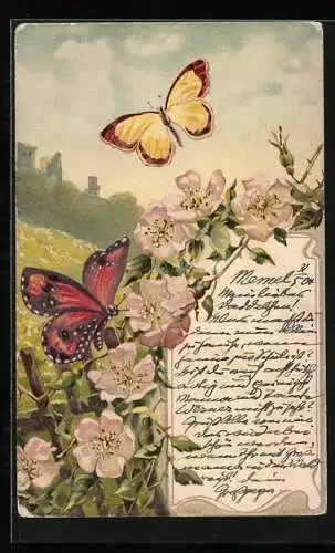 Lithographie Zwei Schmetterlinge an Blüten vor einer Wiese