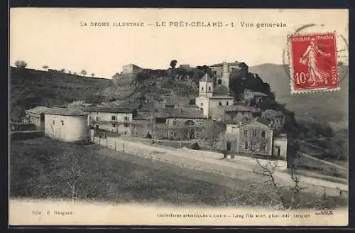 AK Le Poët-Célard, Vue générale du village et du château sur la colline