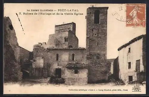 AK Poët-Laval, Ruines de l`Horloge et de la vieille Église