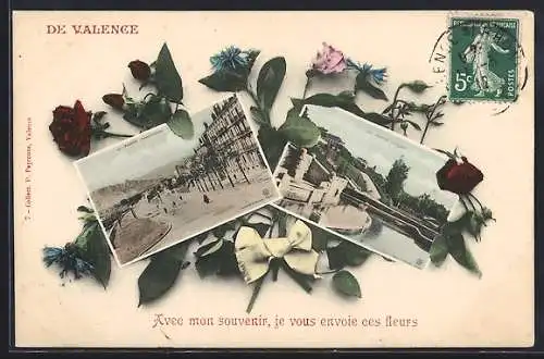 AK Valence, Scènes de la ville avec des fleurs et un ruban en souvenir