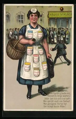 AK Dienstmädchen macht die Einkäufe mit Fleisch-, Brot- und Zuckerkarten, Kriegsnot