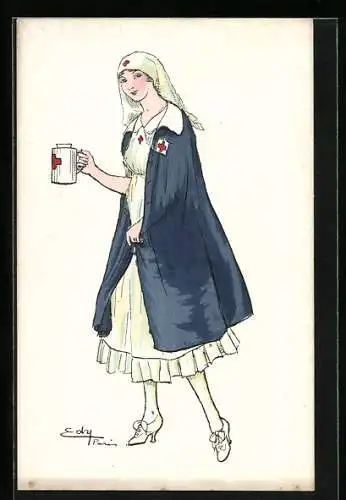 Künstler-AK sign. Edy: Rotes Kreuz-Schwester mit Spendendose