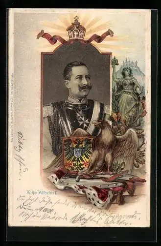 Präge-AK Kaiser Wilhelm II. im Portrait mit Wappen