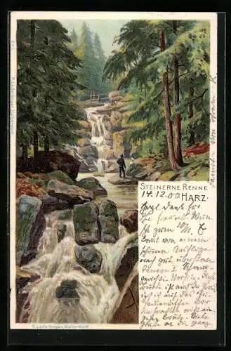 Lithographie Hasserode /Harz, Steinerne Renne mit Wanderer