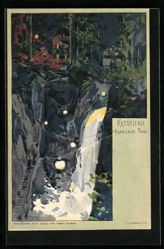 Lithographie Kaprun, Kesselfall bei Nacht