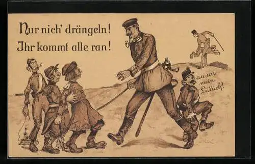 AK Nur nicht drängeln! Ihr kommt alle ran!, Deutscher Soldat versohlt seinen Feinden den Hintern