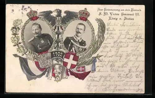 AK Kaiser Wilhelm II. und S. M. Victor Emanuel III. mit ihren jeweiligen Wappen