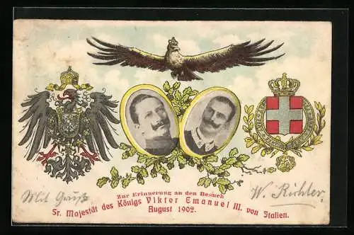 AK Kaiser Wilhelm II. und König Viktor Emanuel III., zum Besuch Deutschlands 1902