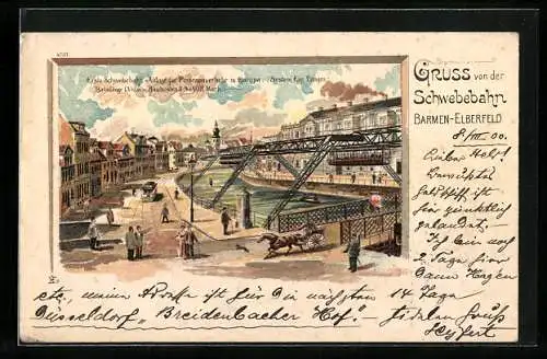 Lithographie Elberfeld, Schwebebahn mit Stadtpartie und Strassenbahn
