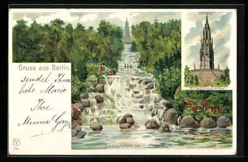 Lithographie Berlin-Kreuzberg, Wassersturz im Victoria-Park, Kriegerdenkmal