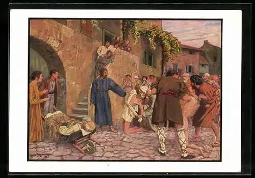 Künstler-AK Jesus heil Besessene, Mark. 1, 32-34