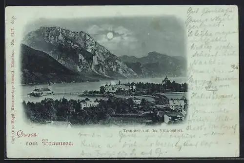 Mondschein-AK Traunsee, Ortsansicht von der Villa Satori