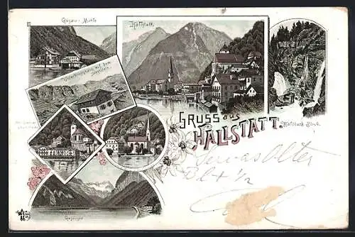 Vorläufer-Lithographie Hallstatt, 1894, Gosau-Mühle, Unterkunftshaus auf dem Dachstein, Hotels Seeauer und grüner Baum