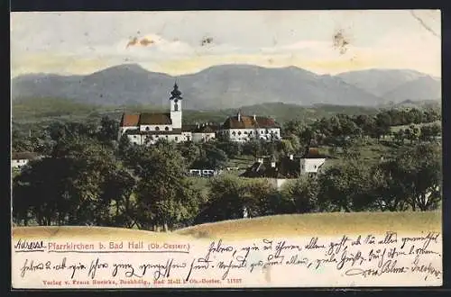 AK Pfarrkirchen b. Bad Hall, Ortsansicht vor Berghintergrund