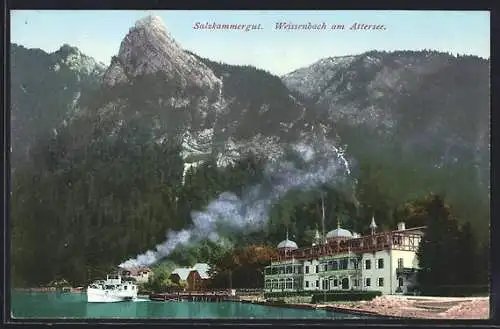 AK Weissenbach am Attersee, Salzkammergut, Ortspartie und Dampfer