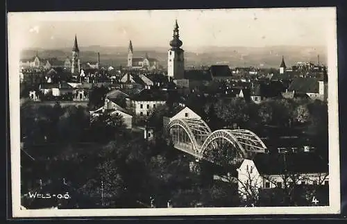 Foto-AK Wels, Totalansicht mit Brücke