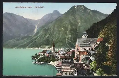 AK Hallstatt /Salzkammergut, Ortsansicht am Seeufer