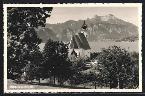 AK Steinbach am Attersee, Kirche mit Bergpanorama